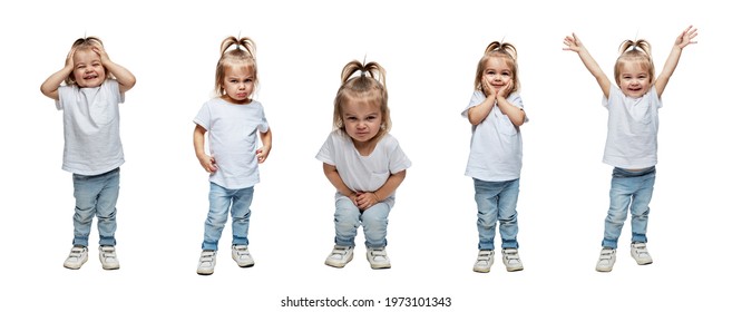 Cute little girl 2-3 years old in jeans with different emotions. Collage. Isolated on a white background. Panorama format.
