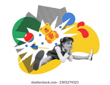 Cute little girl, child in stylish clothes sitting on twine on white background with colorful abstract doodles. Contemporary art collage. Concept of childhood, emotions, fun, dreams. Creative design