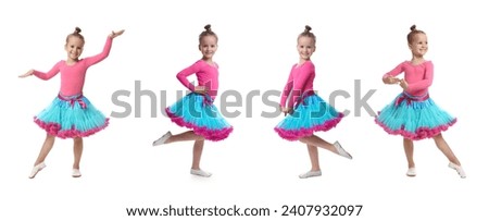 Cute little girl in costume dancing on white background, set of photos