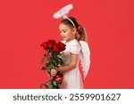 Cute little girl dressed as Cupid with bouquet of red roses on red background. Valentine