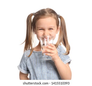 Cute Little Girl Drinking Water On White Background