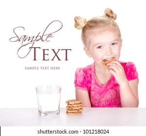 A Cute Little Girl Eating A Chocolate Chip Cookie Isolated On A White Background