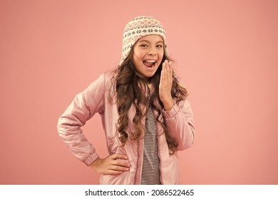 Cute Little Girl Fashion Hat Pink Background. Clothes Shop. Hats For Winter Season. Winter Outfit. Shopping For Accessories. Cute Smiling Model. Adorable Small Child Wear Winter Knitted Accessory