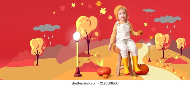 Cute little girl with fresh pumpkins in drawn autumn park - Shutterstock ID 2195388603
