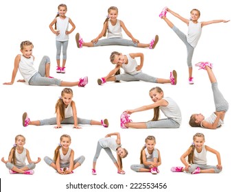 Cute Little Girl Goes In For Sports. Studio Shot Isolated On White. Collage