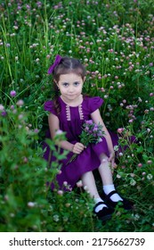 a cute little girl holding a bouquet of purple clover flowers in her hands, a street portrait in the park. summer walks.