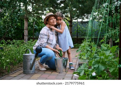 Cute little girl, loving daughter hugging her mother while standing together near the cultivated cucumber seedlings and picking ripe vegetables in the country house eco garden. - Powered by Shutterstock