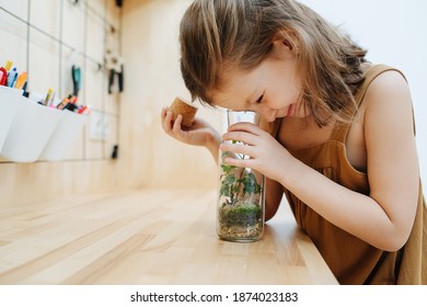 Cute Little Girl Opens The Lid And Peeks Into The Jar With The Plant. Real Life Moment