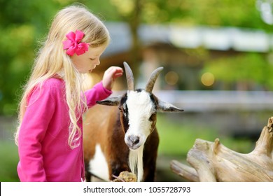 Cute Little Girl Petting And Feeding A Goat At Petting Zoo. Child Playing With A Farm Animal On Sunny Summer Day. Kids Interacting With Animals.