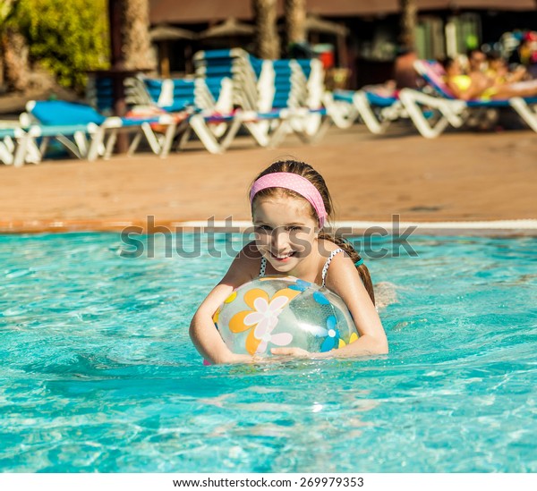 Cute Little Girl Playing Pool Colorful Stock Photo Edit N