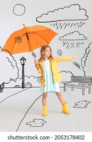 Cute little girl in raincoat   and umbrella in drawn park grey background  Autumn concept