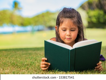 Cute Little Girl Reading Book Outside On Grass