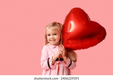 Cute little girl with red heart shaped balloon on pink background. Valentines Day celebration - Powered by Shutterstock