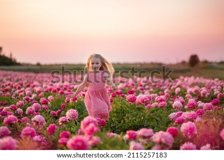 cute little girl running on a peony field against a sunset background. selective focus