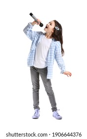 Cute little girl singing against white background - Shutterstock ID 1906644376