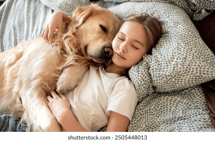 Cute Little Girl Sleeping With Golden Retriever Dog In Embrace In Bed - Powered by Shutterstock