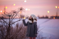 A Cute Little Girl Sniffs A Snow-covered Hogweed Flower Against The Background Of A Winter Sunset. She's Wearing Warm Clothes. Bokeh From Lanterns