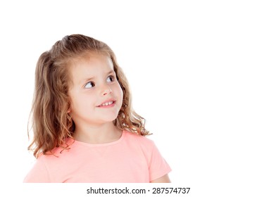 Cute Little Girl With Three Year Old Looking At Side On A White Background