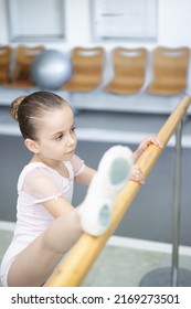 Cute Little Girl Toddler Ballerina In Pale Pink Tutu And Ballet Shoes Practicing Dance Moves