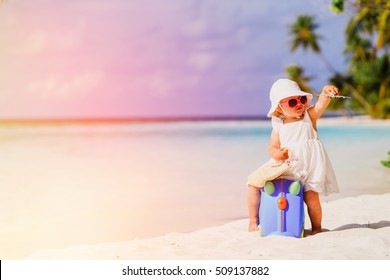 Cute Little Girl Travel On Summer Beach