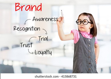 Cute little girl wearing business dress and writing brand loyalty development concept. Office background. - Powered by Shutterstock