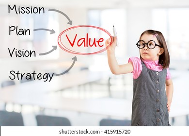 Cute little girl wearing business dress and writing business model with value concern. Office background. 