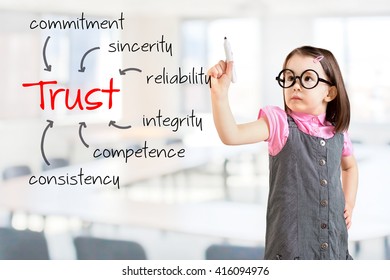 Cute little girl wearing business dress and writing trust building concept. Office background. 