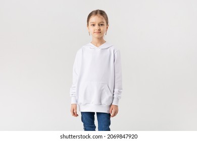 Cute Little Girl In White Blank Sweatshirt.