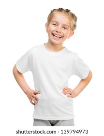 Cute Little Girl In White T Shirt Over White Background