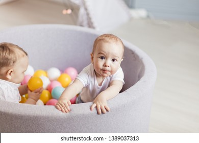 Cute Little Infants Playing With Colorful Balls In Soft Playmat Ball Pit, Dry Pool. Little Cute Babies Having Fun In Ball Pit On Birthday Party At Home.