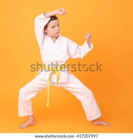cute little karate boy on the yellow background