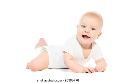 Cute little laughing crawling baby isolated on white
