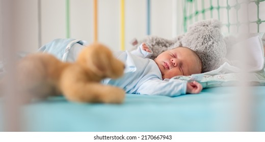 Cute little peaceful baby calm sleeps soundly in his crib with his baby toys in a bright room. Close-up portrait of beautiful child sleeping and resting - Powered by Shutterstock