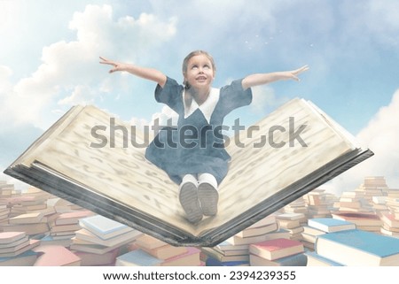 A cute little schoolgirl flies across the sky on a large open book among mountains of books. The world of knowledge. Education.