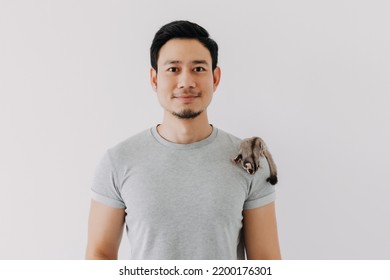 Cute Little Sugar Glider Pet Hold On The Asian Man Owner Isolated On White.