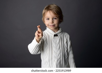 Cute little toddler boy, showing FINGER CROSSED gesture in sign language on gray background, isolated image, child showing hand sings for deaf people - Shutterstock ID 2251913989