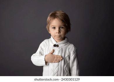 Cute little toddler boy, showing PLEASE gesture in sign language on gray background, isolated image, child showing hand sings for deaf people - Powered by Shutterstock