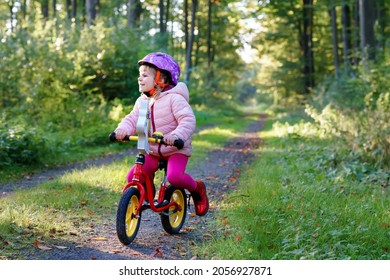 Cute little toddler girl with helmet riding on run balance bike to daycare, playschool or kindergarden. Happy child having fun with learning on learner bicycle. Active kid on cold autumn day outdoors.