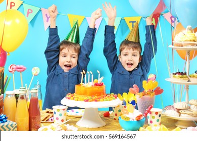 Cute Little Twins Celebrating Birthday At Home