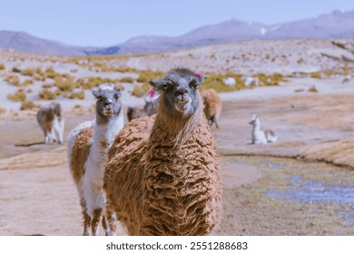 Cute llamas grazing in Bolivian altiplano near Uyuni - Powered by Shutterstock