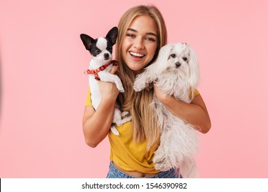 Cute lovely cheerful girl playing with her pet chihuahua and lapdog isolated over pink background
