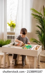 Cute Male Kid Playing Sensory Box Dinosaur World At Comfortable Home Living Room With Houseplants Vegetation. Confident Boy Child Enjoying Early Development Game Montessori Material Kinetic Sand