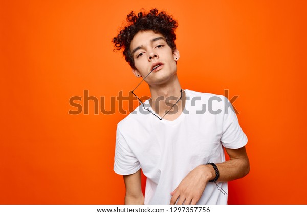 Cute Man Curly Hair White Tshirt Stock Photo Edit Now 1297357756