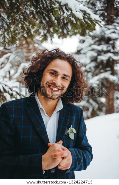 Cute Man Wavy Hair Blue Suit Nature People Stock Image