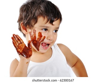 Cute Messy Kid Isolated On White Eating Chocolate