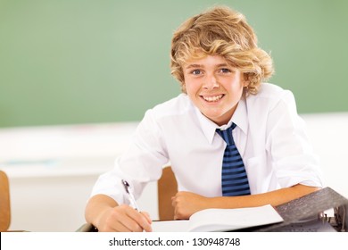 Cute Middle School Boy Studying In Classroom