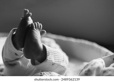 Cute Newborn baby feet of a newborn baby sleeping in a bassinet. Family concept