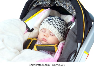 Cute Newborn Baby Girl Sleeping In Car Seat,winter Clothing