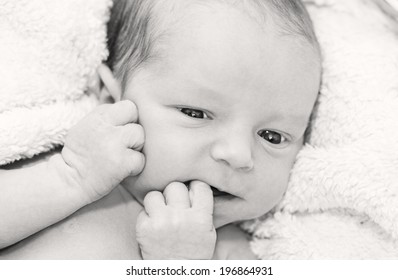 Cute Newborn Baby Lying On A Blanket With His Eyes Open   ( Black-white )