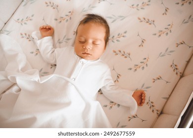 Cute newborn child 1-2 months old lying in bed sleeping top view close up. Childhood.  - Powered by Shutterstock